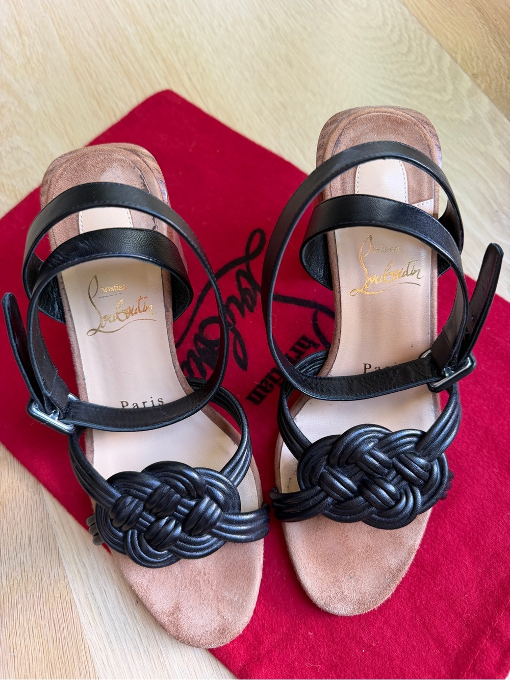 Christian Louboutin Black Knotted Strap Suede Sandals